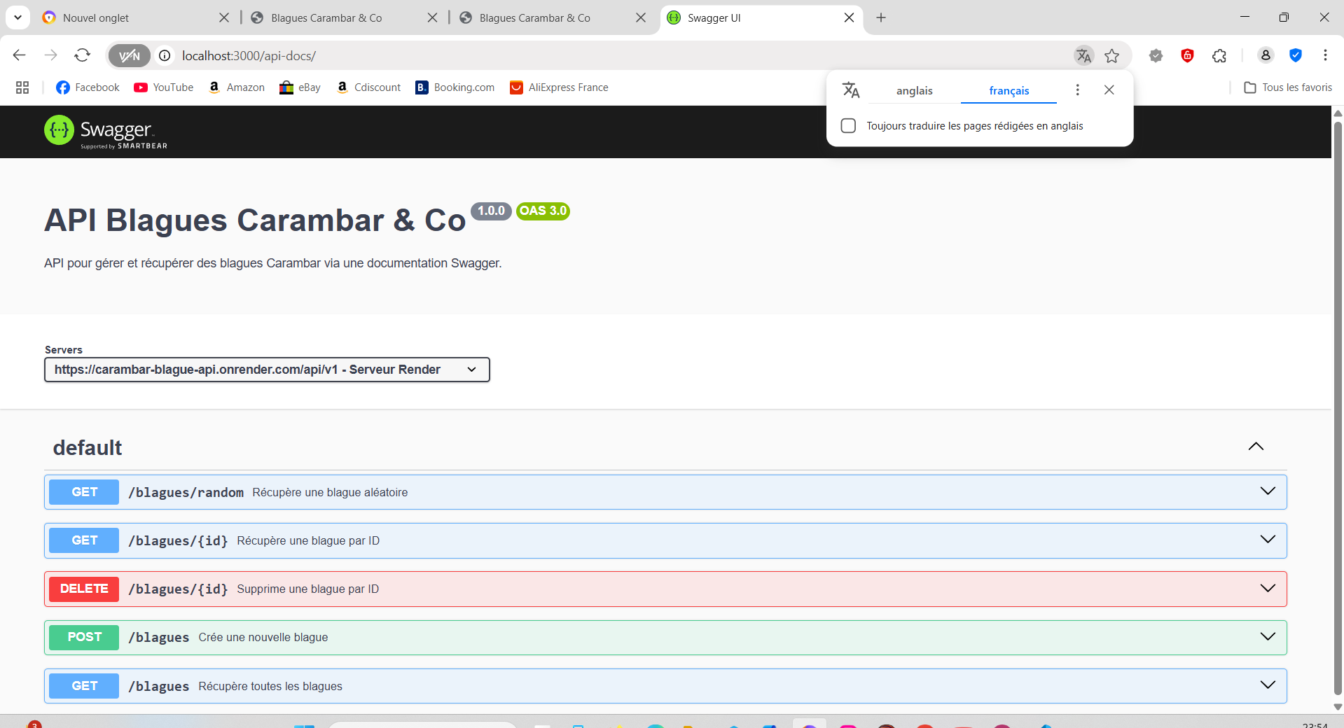 Documentation Swagger de l'API Carambar