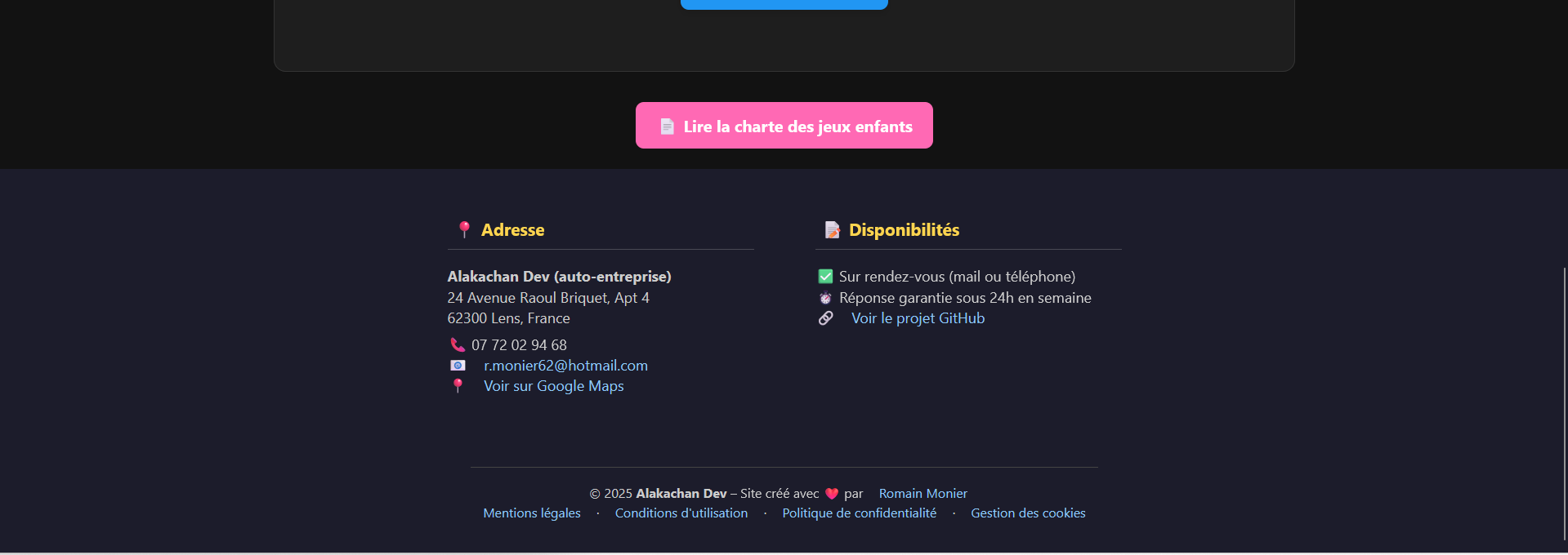 Pied de page avec mentions légales