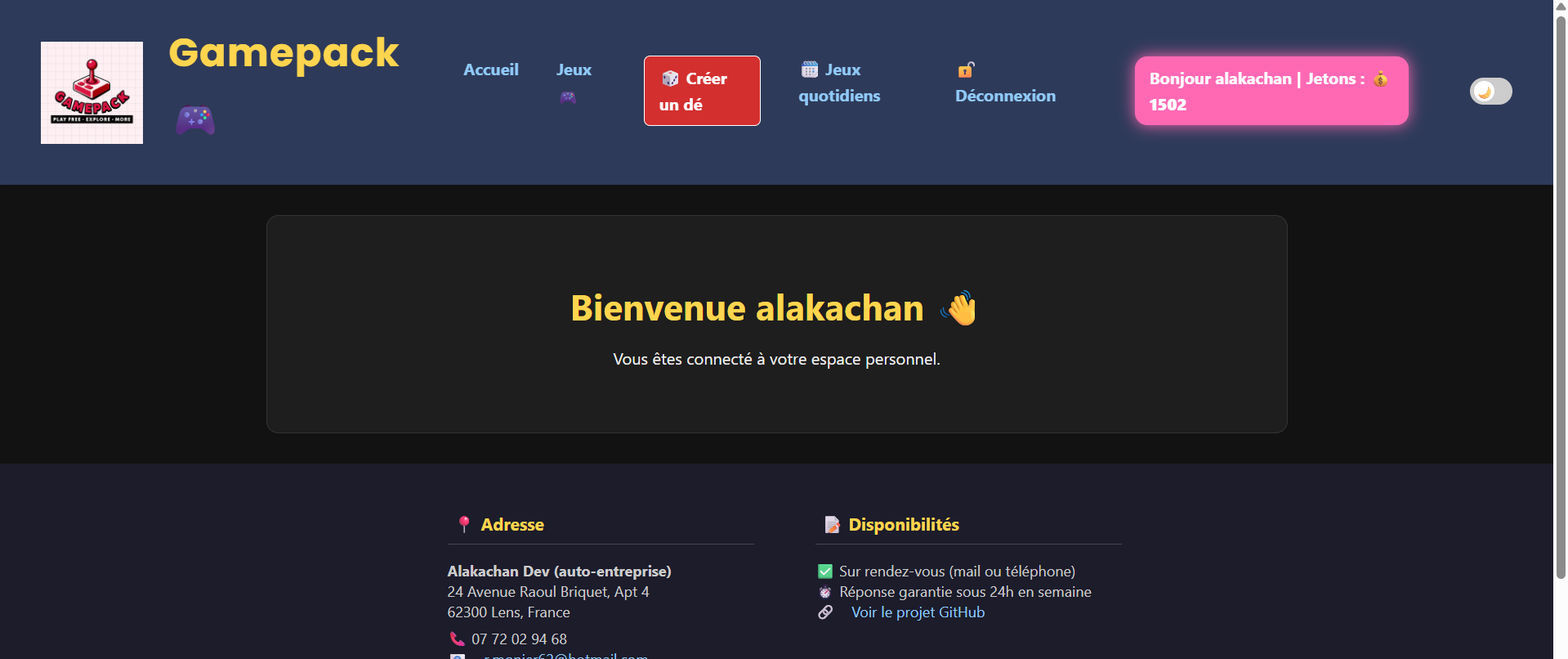 Espace utilisateur connecté avec jetons